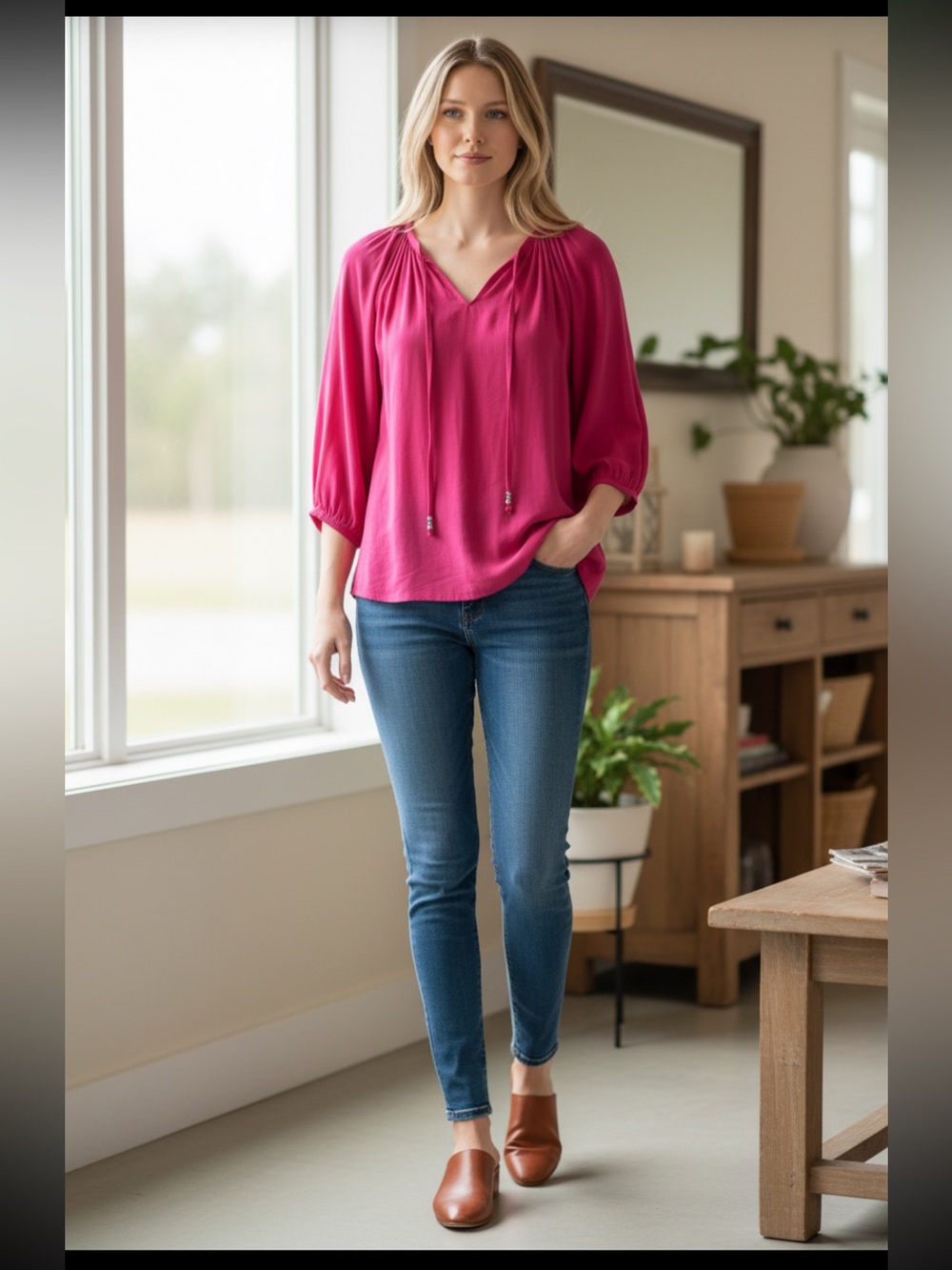 Chico's Fuchsia Peasant Blouse with Tie Neck Chico 2P equates Large 12/14 R $109